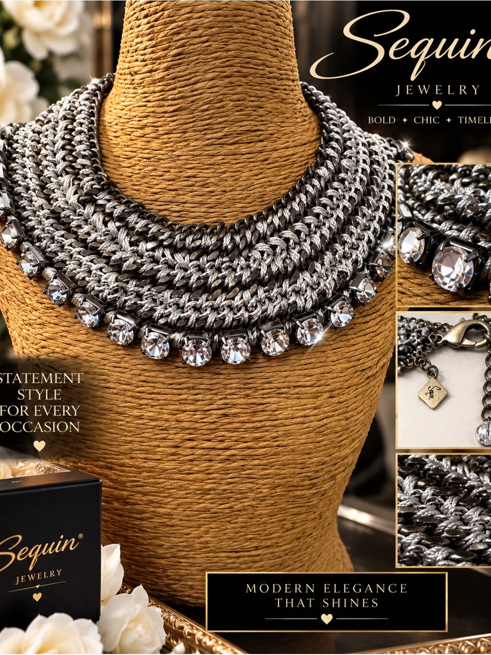 Silver Crystal Multi-Row Statement Necklace